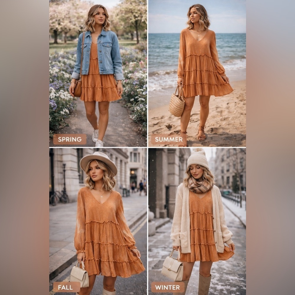 Bohemian Orange Tiered Mini  Babydoll Dress Cottagecore  Flowy Capsule Med